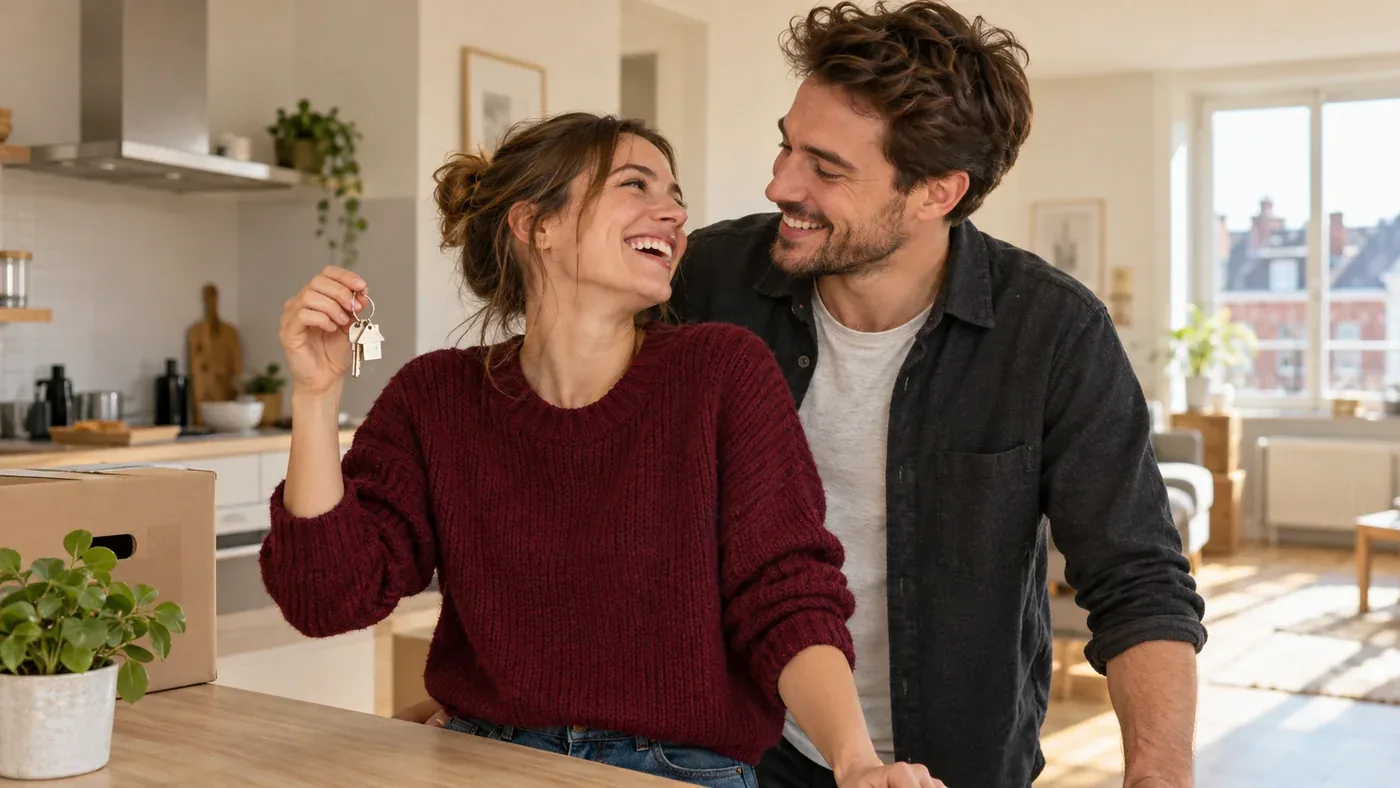 Un couple souriant tient les clés d’un logement, avec des cartons de déménagement — scène illustrative
