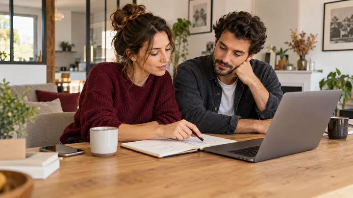 Un couple consulte des documents et un ordinateur portable pour préparer son projet immobilier — scène illustrative