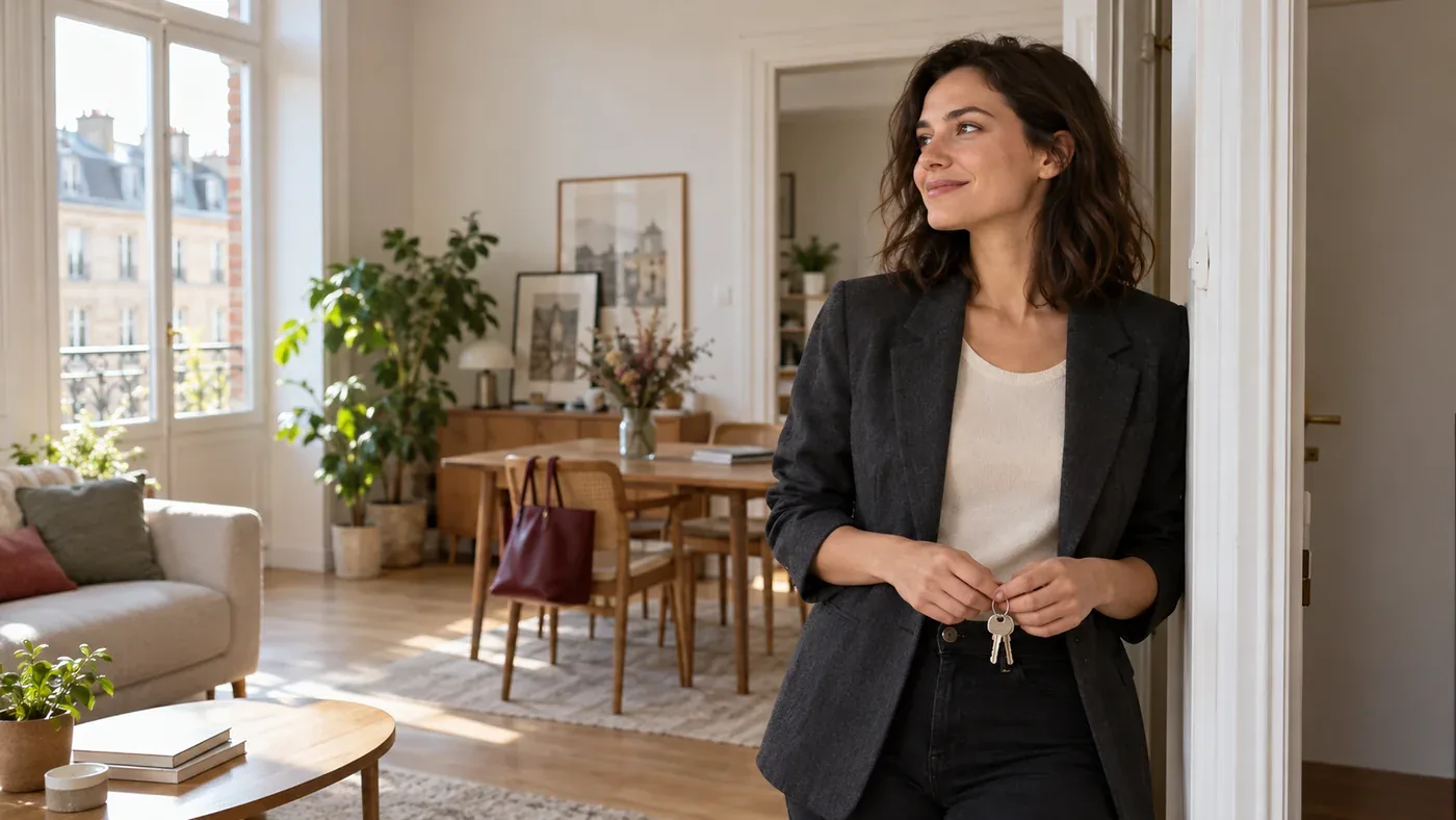 Une femme tient les clés d’un logement dans un salon lumineux — scène illustrative